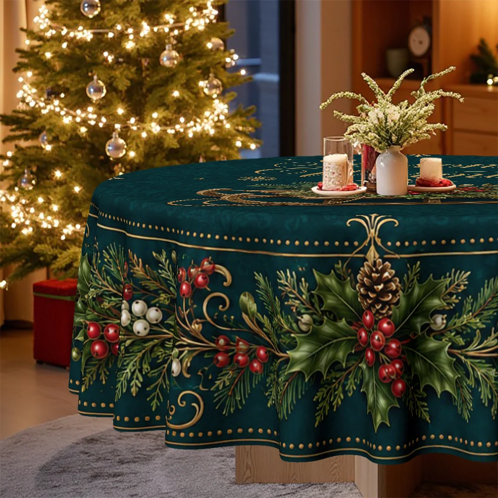 1 tablecloth, Christmas holiday theme, round tablecloth decorated with festive daisies and pine cones