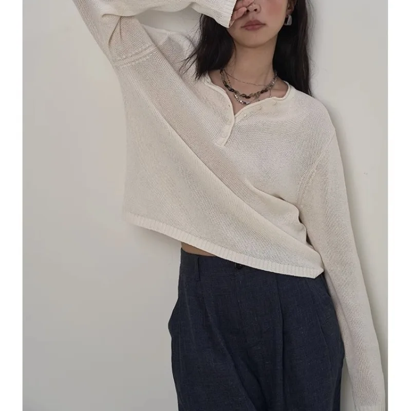 Button-down Front Open-neck Long-sleeved Knitwear Pullovers