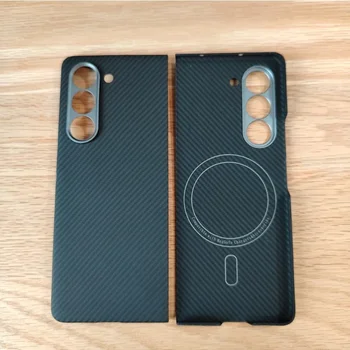 HKNA Black Case For Samsung Z Fold 5 Metal Hole Kevlar Aramid Carbon Fiber Lightweight Non-slip Magnetic Wireless Charging Cover