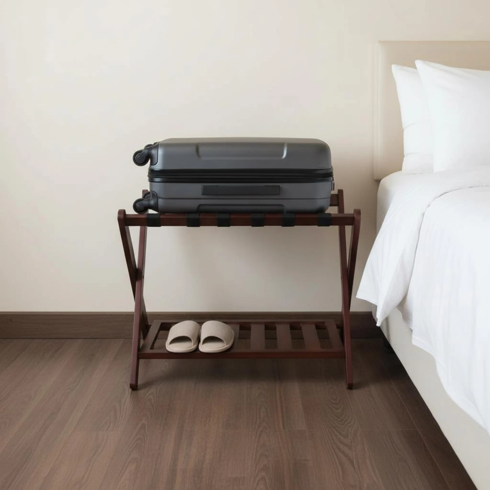 Folding Suitcase Stand Space Saving Bamboo Luggage Rack Folding Hotel Luggage Stand Heavy Duty for Entryway