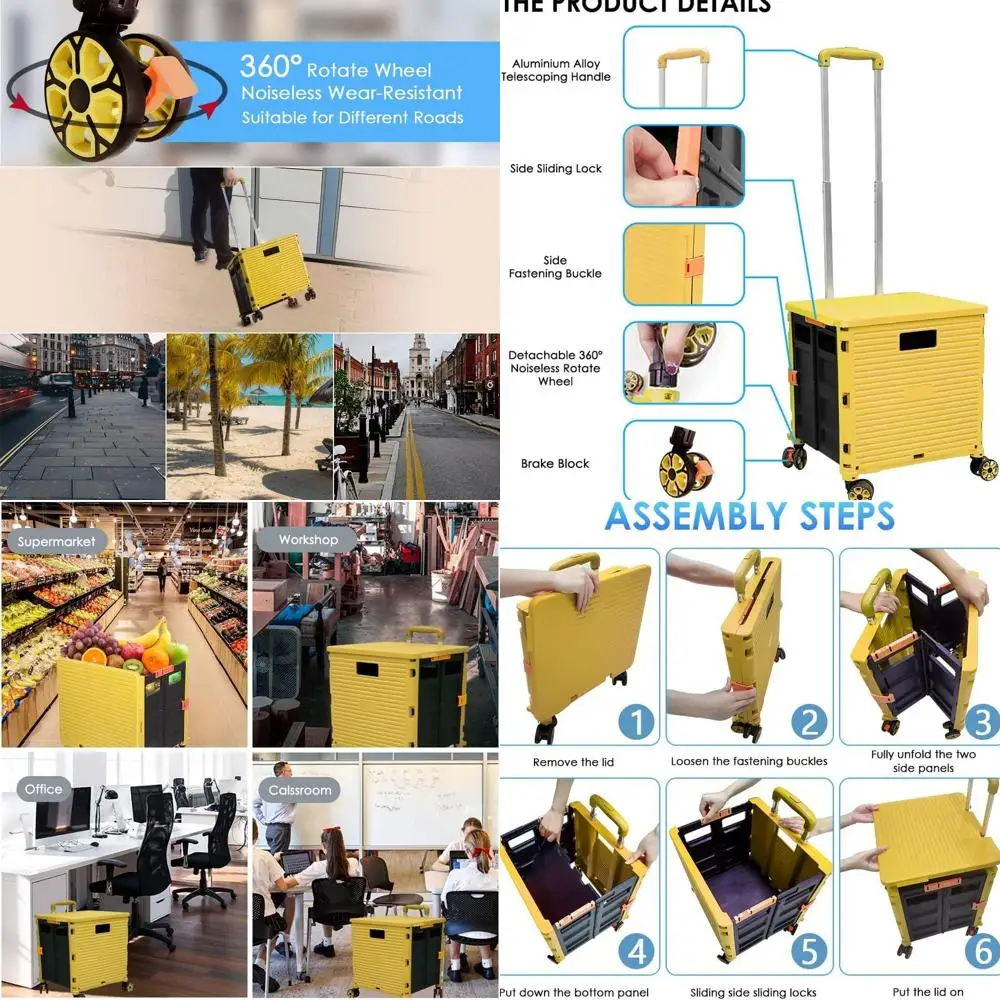 

Portable Folding Utility Cart with Wheels, Collapsible Crate for Storage, Quiet 360° Rotation, Suitable for Shopping, Office, an