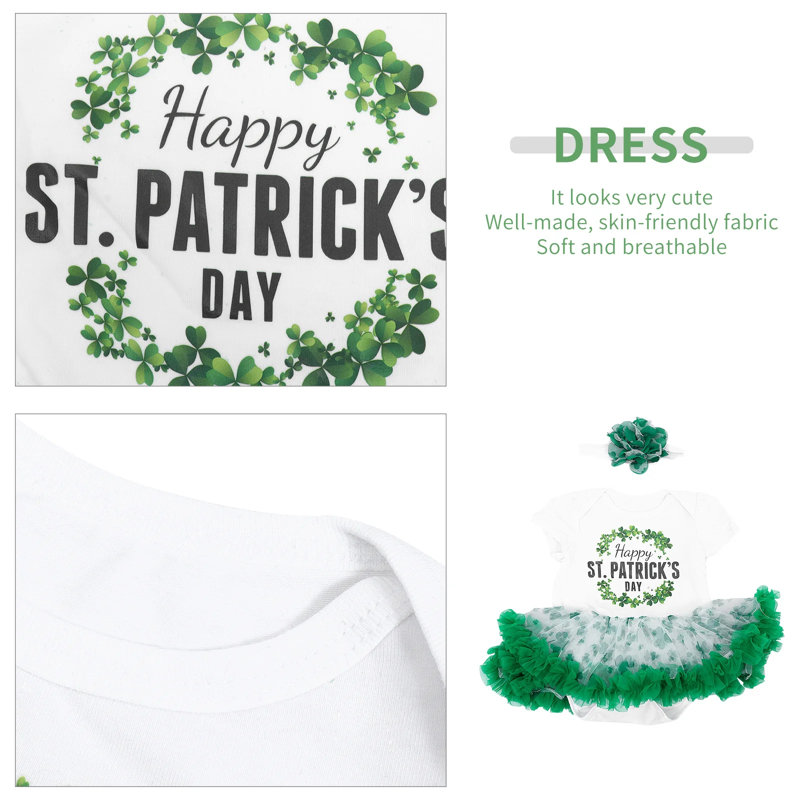 

1Set Cartoon Letter Jumpsuit Shamrock Outfit Skinfriendly Breathable Comfortable Party Dress Girl Green Tutu Stpatricksday