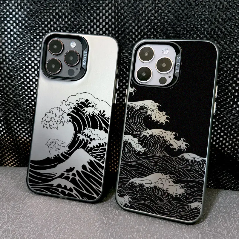

Laser Phone Case For iPhone 16 15 14 Pro Max Plus 13 Mini 12 11 Pro Max Fashion Great Black Wave Shockproof Protective Covers
