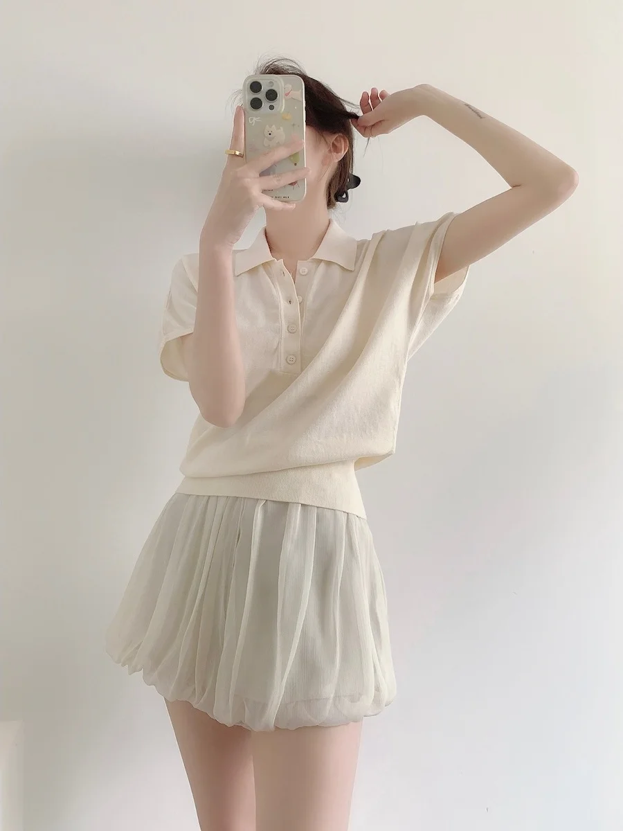 

FlowGaga Summer Classic High-End Rayon Knitted ort-Sve Ne Slim Fit T-irt Korean Sle Commute Casual Single Piece