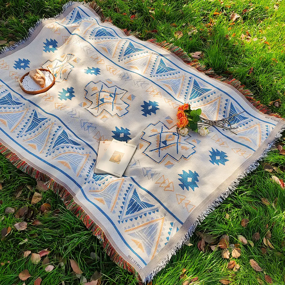 YFY outdoor picnic mat cotton yarn fringed thread blanket tent moisture-proof floor mat nap warm camping blanket