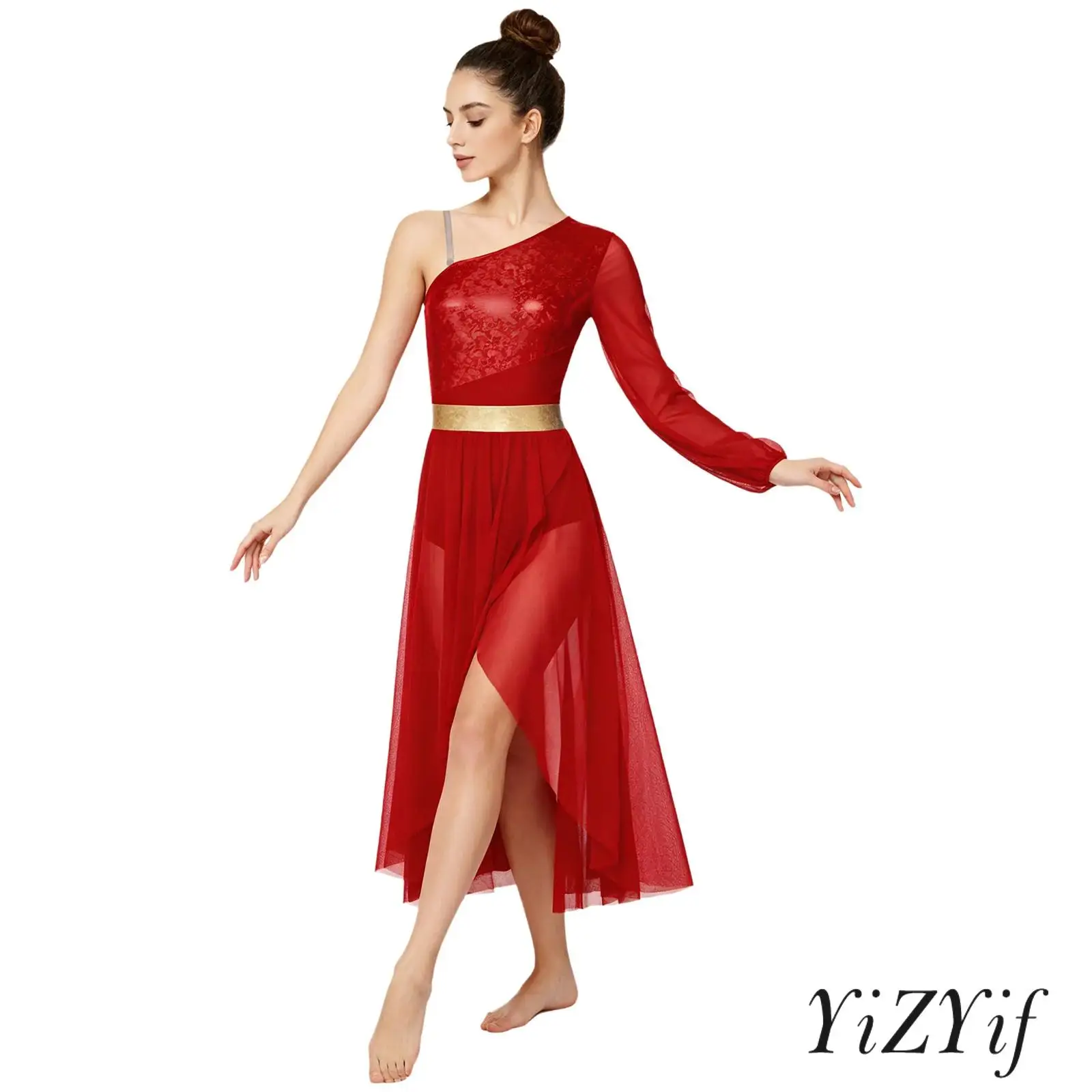 

Womens Lyrical Ballet Dance Bodysuit Dress One Shoulder Long Sleeve Metallic Shiny Dress Elegant Liturgical Worship Dancewear