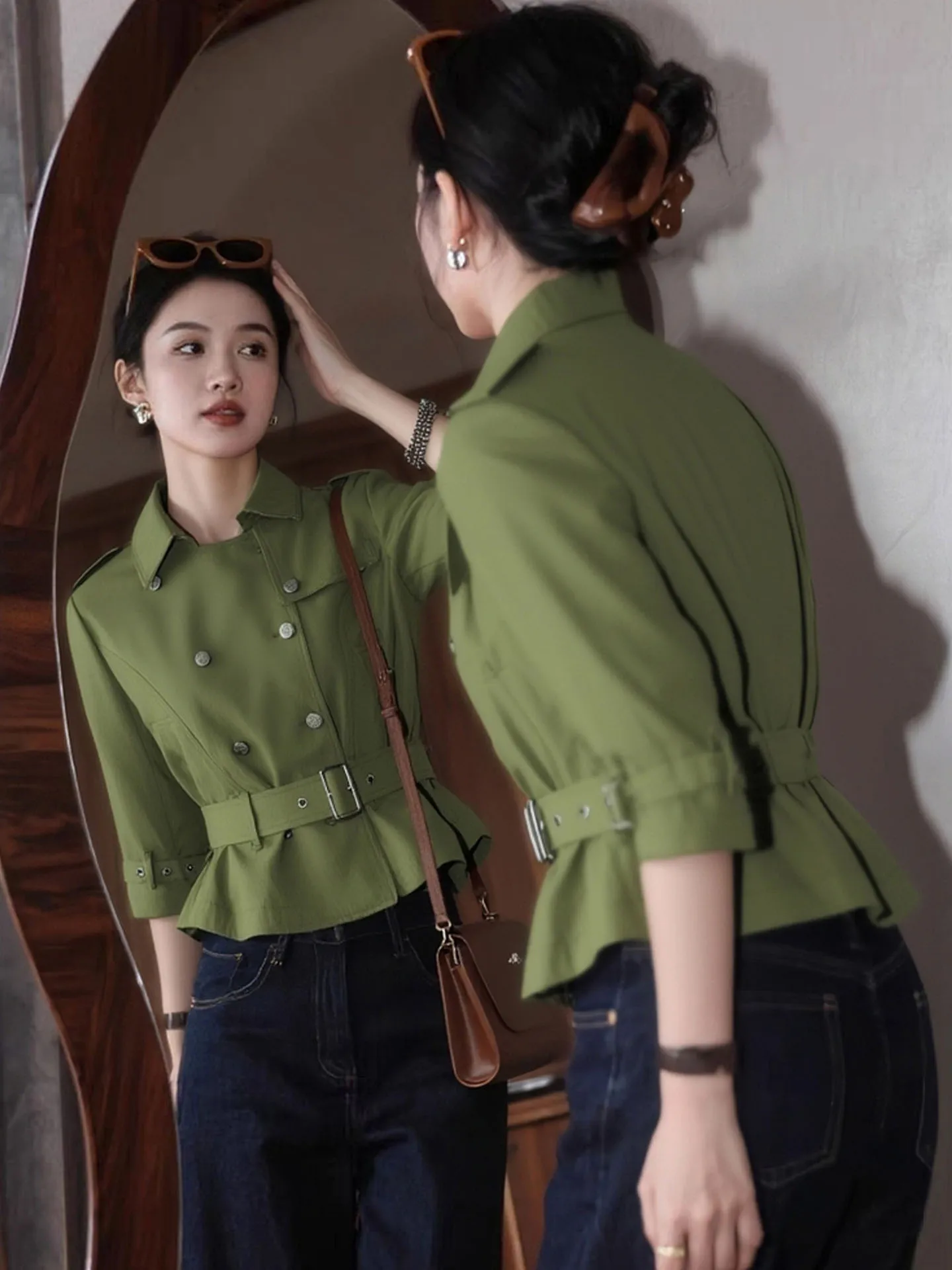 

Unique Sli een ort Coat Women's Spring 2026 New Small Size High-End Feeling Top Commute Sle Stand Version Ladies...