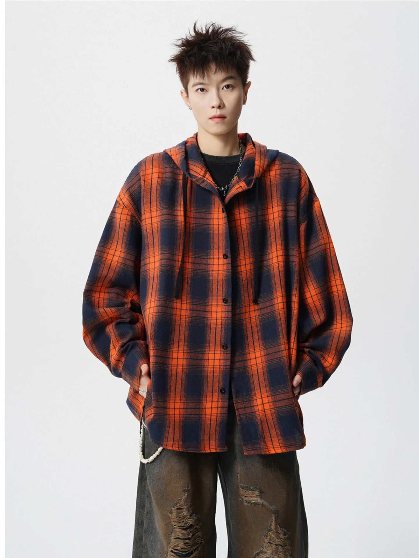 

Мужская модная куртка-худи в американском стиле в клетку с длинными рукавами, осенняя, ретро, свободного кроя, универсальная, от бренда High Sensation Haome