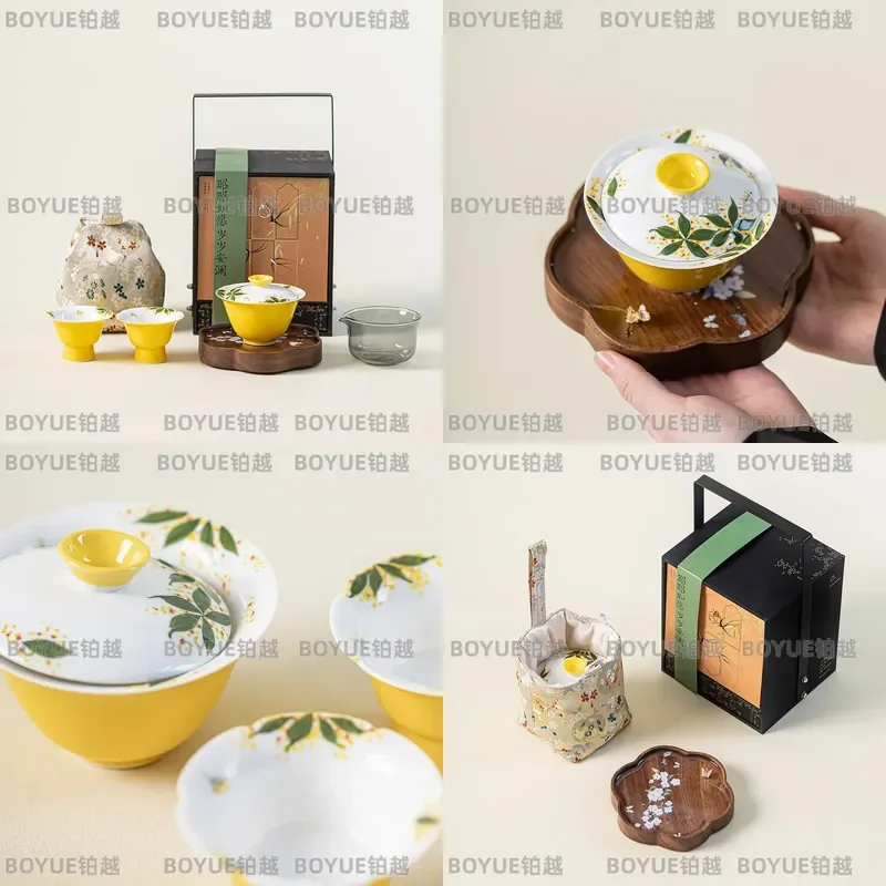 for Pure Hand-Painted Osmanthus Cover Bowl Tea Set Travel Outdoor Portable Gift for Friends