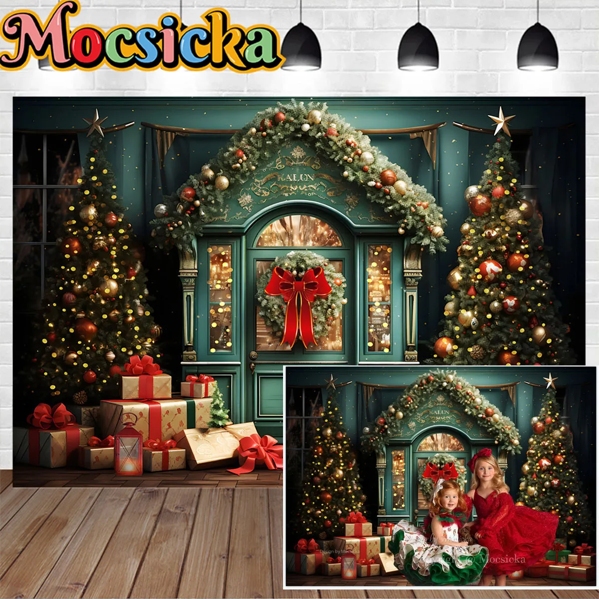 

Mocsicka Christmas Gift Shop Green Backdrop Photography Golden Shiny Xmas Tree Wreath Decor Background Kid Photo Studio Supplies