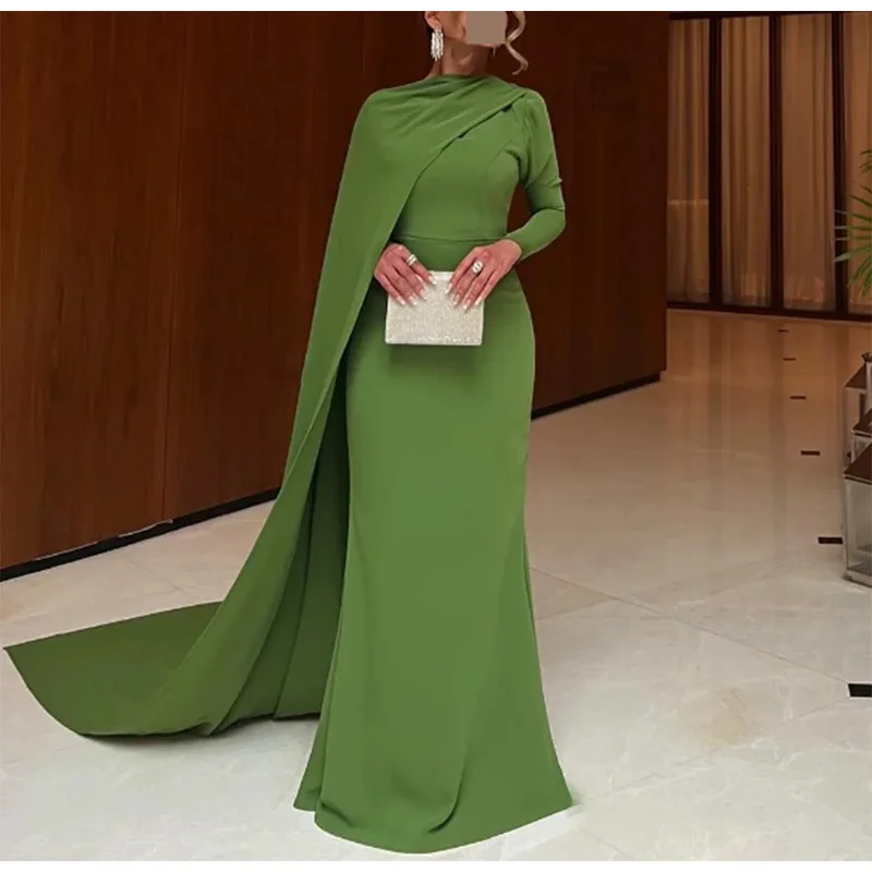 Fimora Customized Round Neck Muslim Evening Dresses Long Muslim Evening Dress Long Sleeve Mermaid Party Prom Gown With Cap