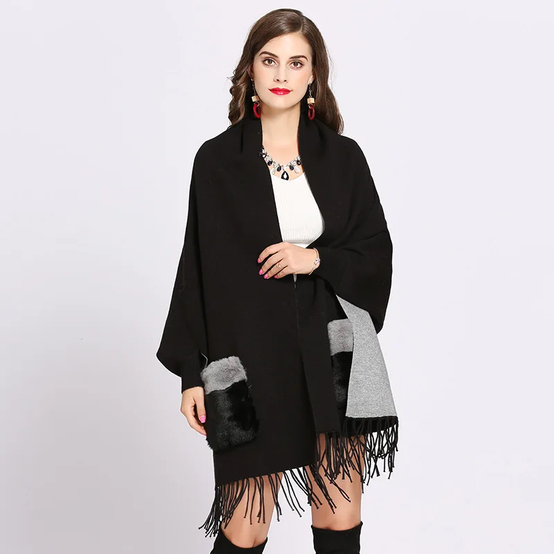 Winter Faux Cashmere Poncho Loose Streetwear Women Batwing Sleeve Shawl Capes Fur Pocket Female Oversize Tassel Knitted Cloak