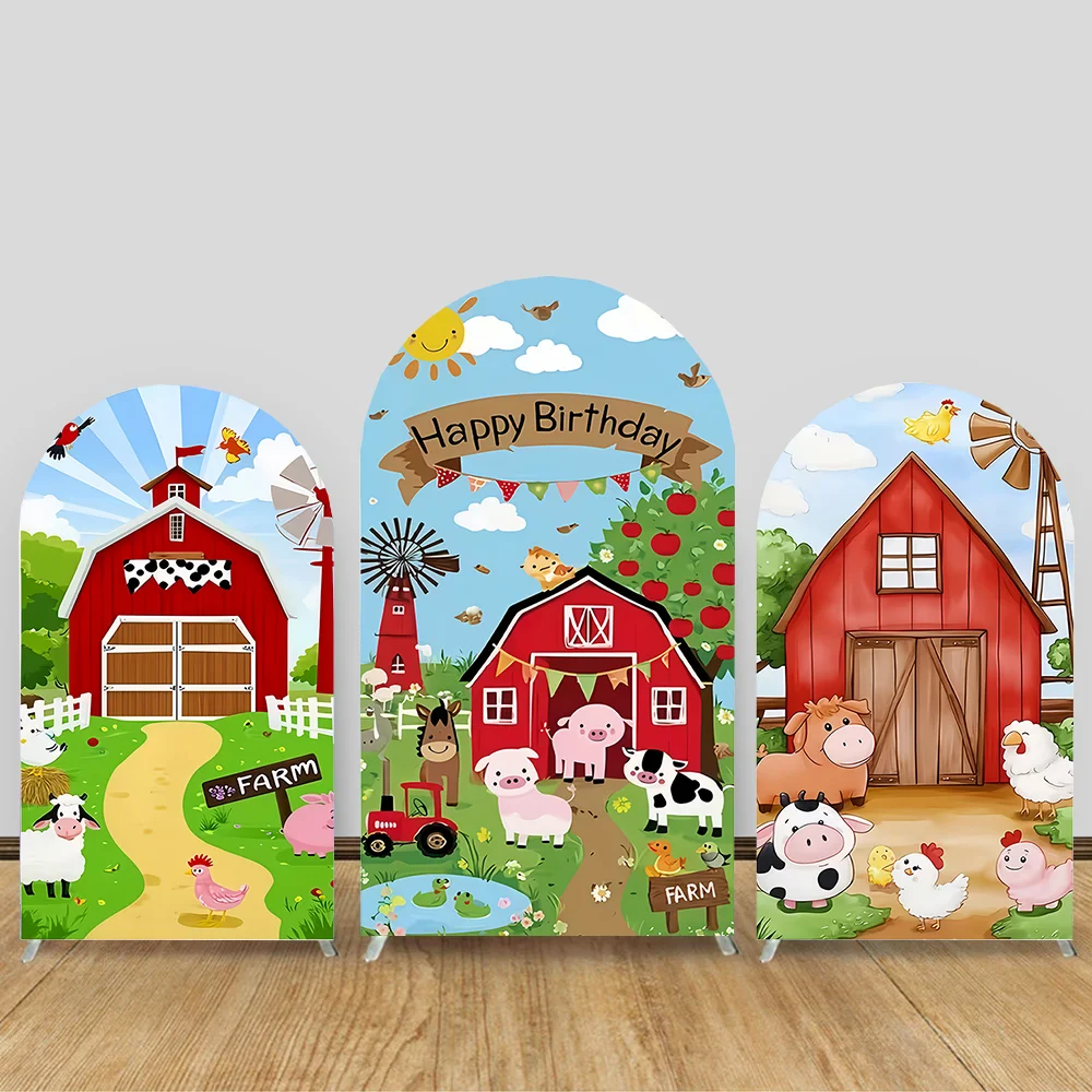 

Cartoon Farm Arch Cover Background for Newborn Birthday Baby Shower Green Grass Animals Windmill Arched Photography Backdrop