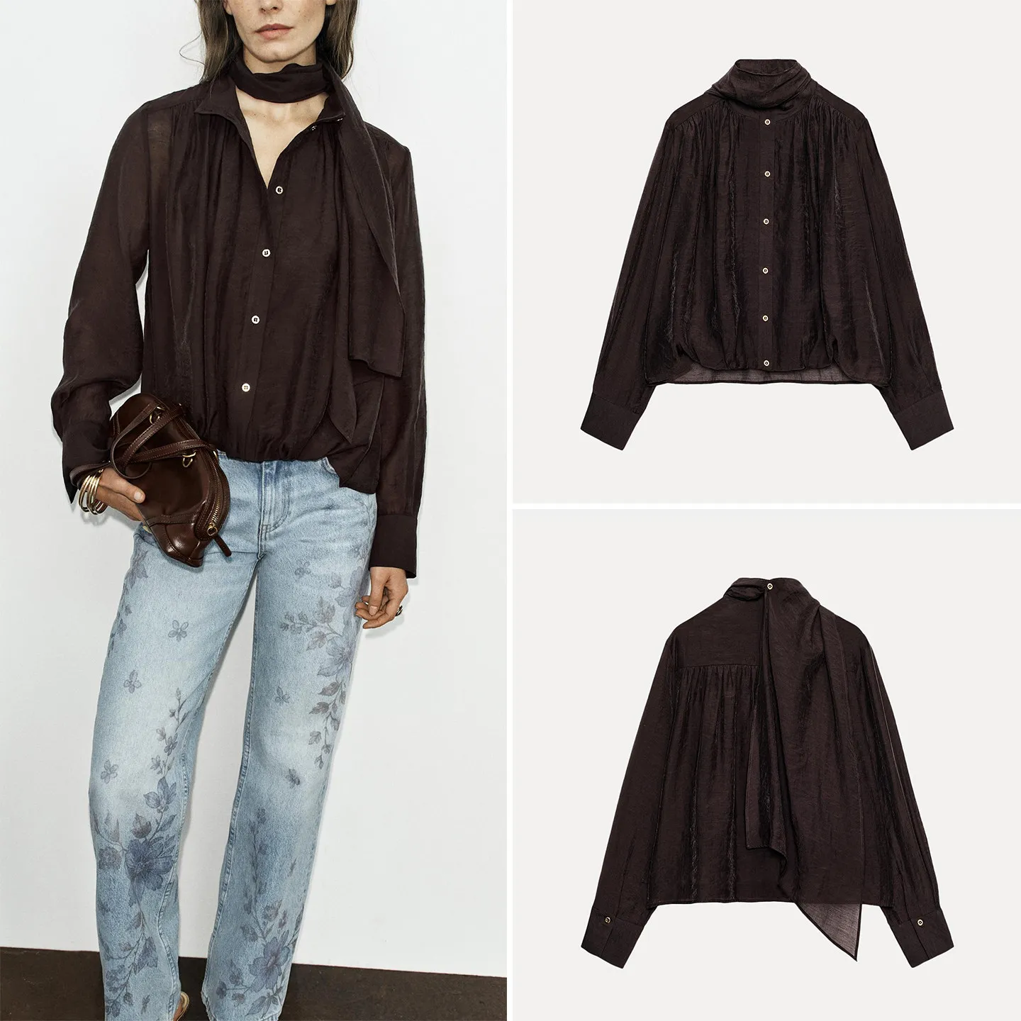 Adjustable Scarf Shirt Long Sleeve Stand Collar Pleated Women's Autumn Fashion 2026 Zadata Standard Fit Short Outerwear