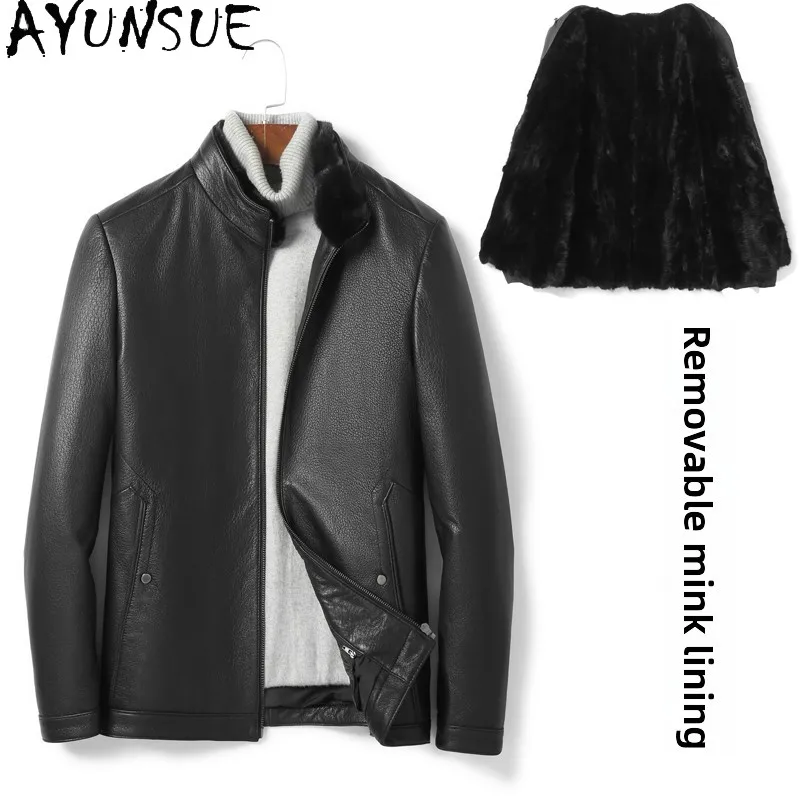 

AYUNSUE High Quality Genuine Goatskin Leather Jacket Men Winter Warm Real Fur Coat Mink Fur Collar Detachable Liner Puffer Coats