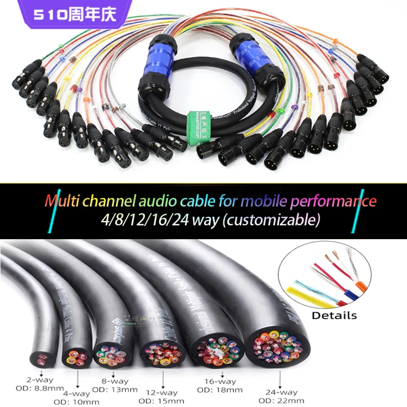 2/4/8/12/16/24-way XLR Audio Multi-core Rainbow Signal Cable Stage Lighting Multi-channel Multi-core Cable (Customizable)