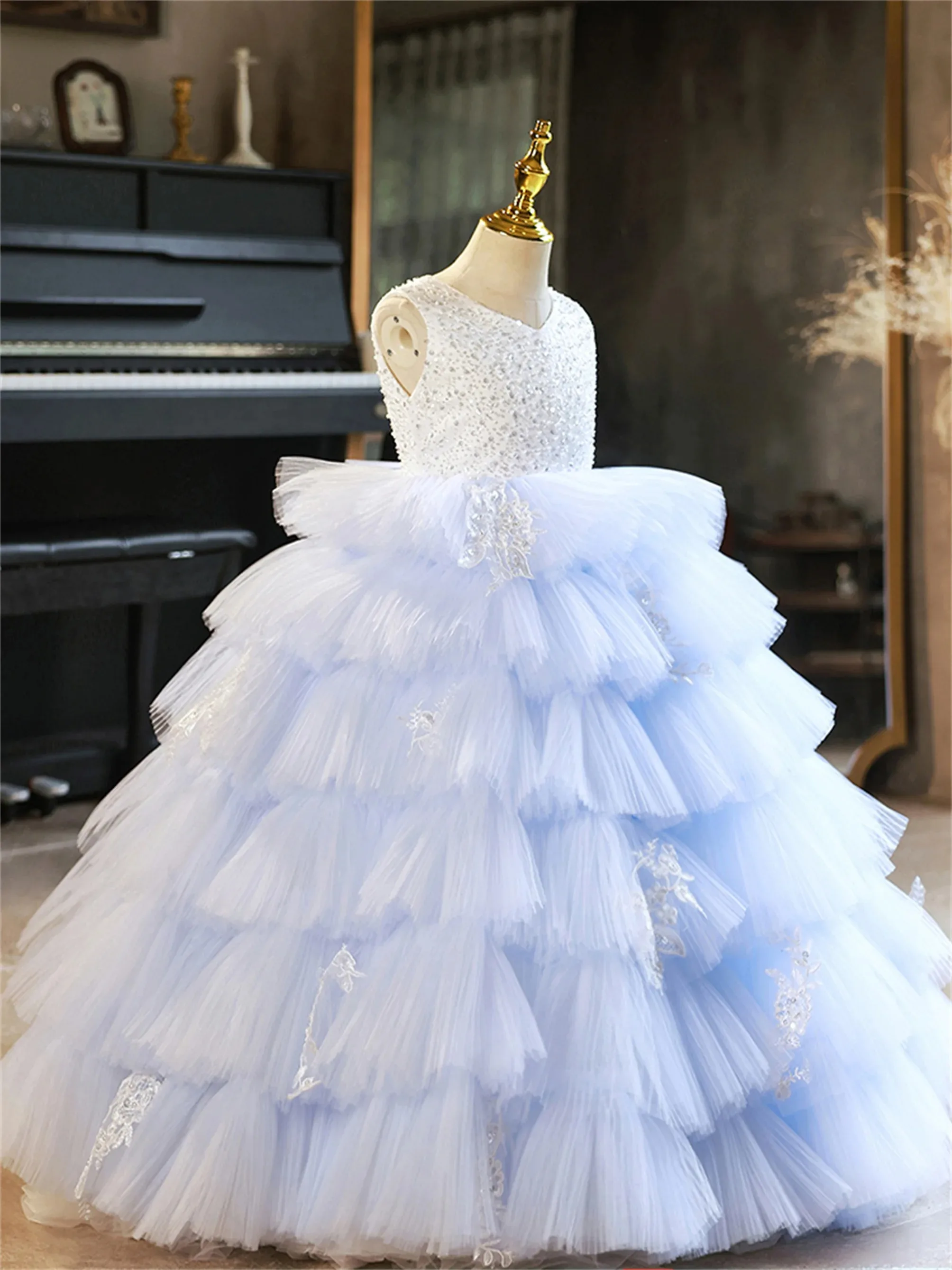 Robe de demoiselle d'honneur bleue personnalisée pour mariage, paillettes en dentelle, couches, longueur au sol, fête d'anniversaire pour enfants, Rhde première communion, quelle que soit