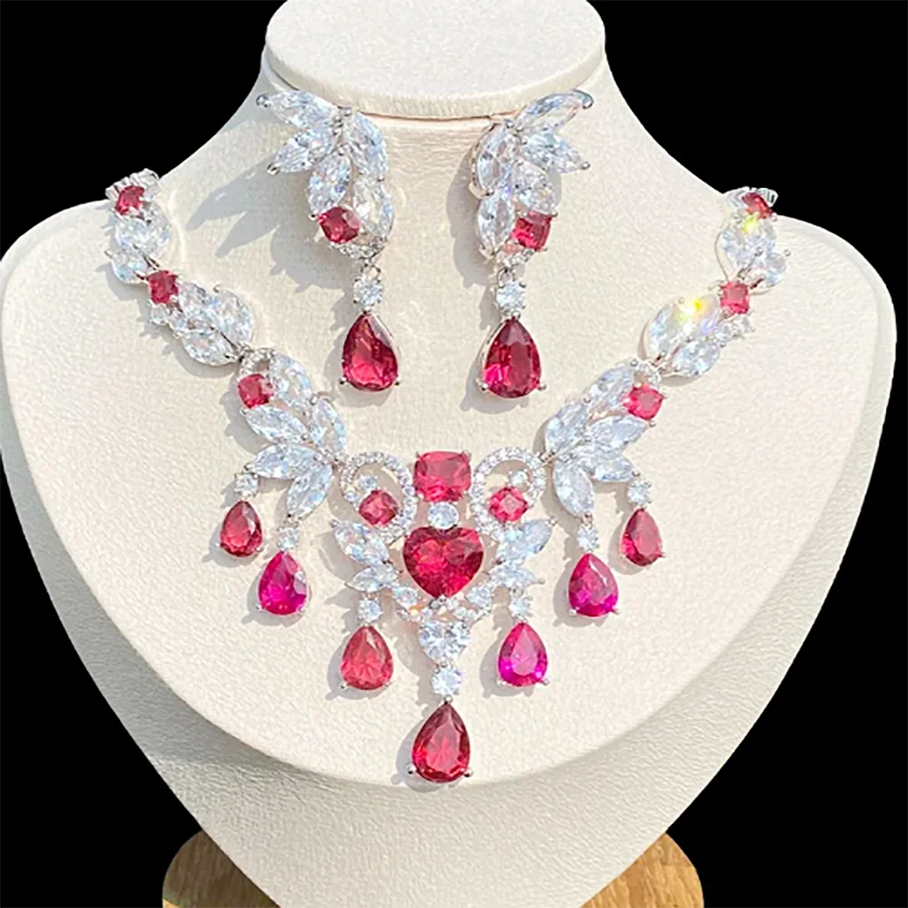 Exquisite fashion Two Piece Transparent Pink Zircon Earrings and Necklaces Bridal Jewelry Set