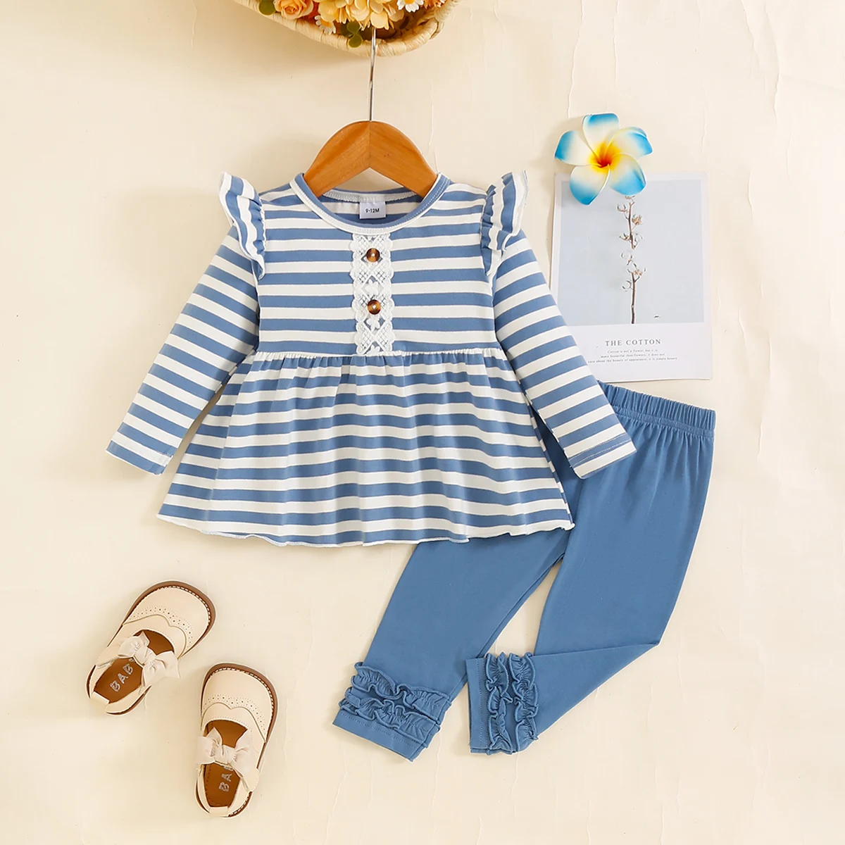 Top Rated Trending Baby Girl (0-4Y) Blue Striped Ruffle Hem Top & Flare Leg Pants 2pc Set: Soft Breathable Cotton, Skin-Friendly