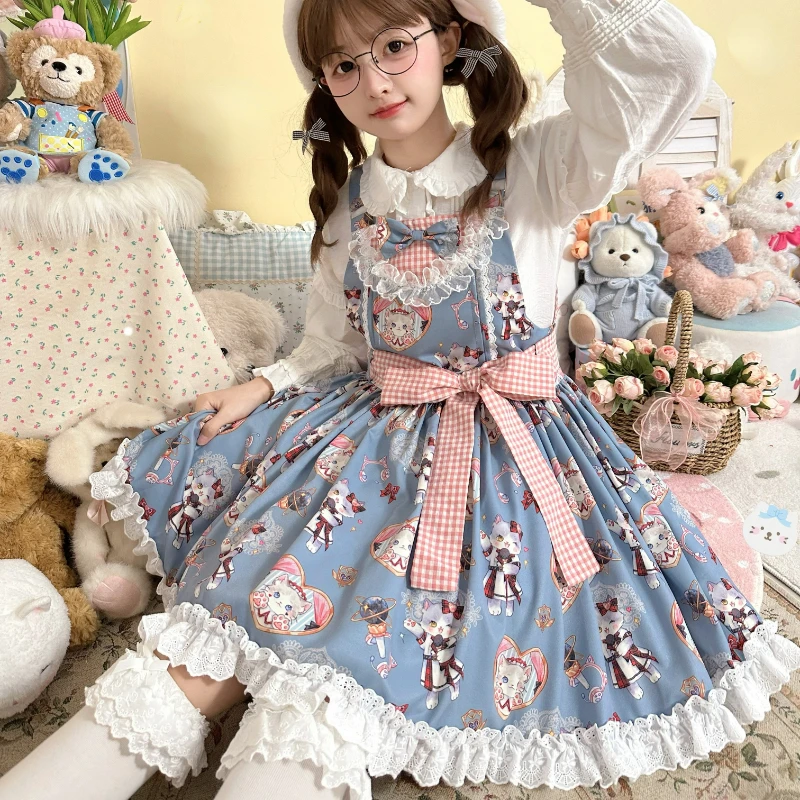 Japanese Kawaii Lolita Style Bow Princess Dress Women Cute Cat Print Lace Ruffle Party Mini Dresses Girly Gothic Y2k Strap Dress