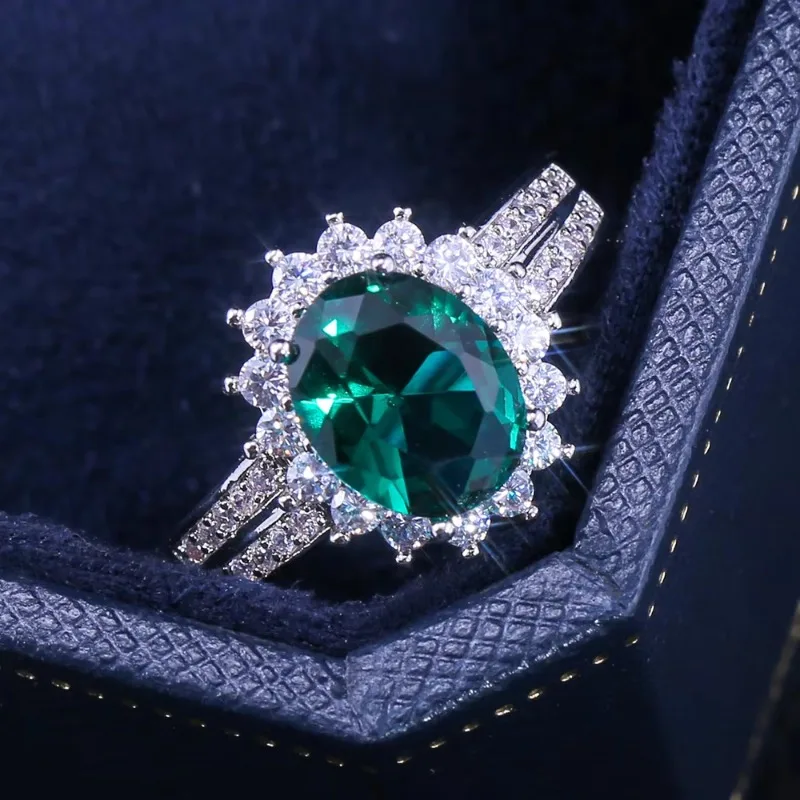 

Huajie Vintage Flower Green Oval Cut Zirconia Rings for Women Luxury Charming Wedding Engagement Shining Ring Jewelry