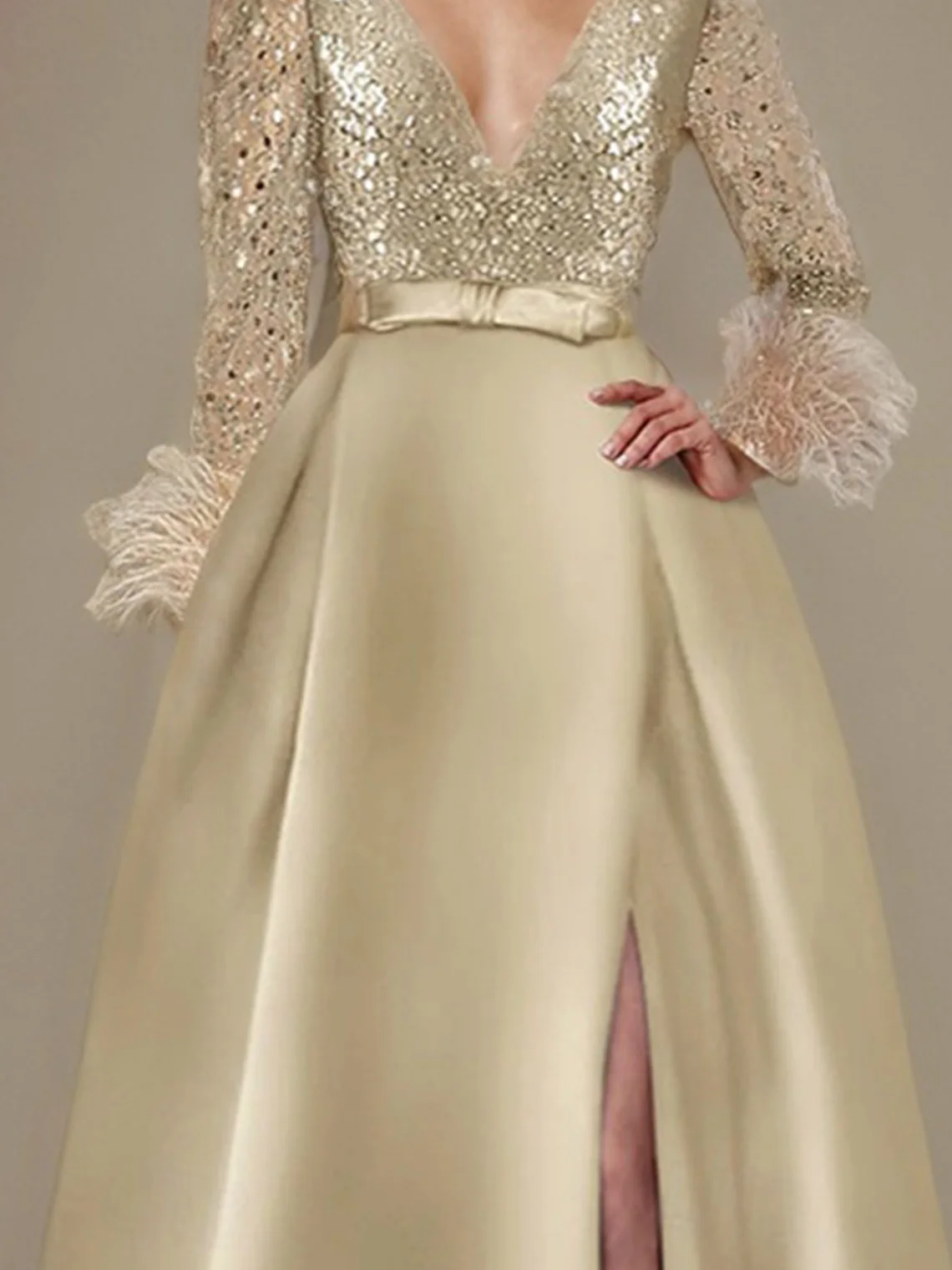 Элегантное винтажное полуформальное вечернее платье трапециевидной формы, атласное платье с v-образным вырезом и длинными рукавами, блестками и поясом, свадебное платье для гостей, 2025 г., бесплатно по индивидуальному заказу