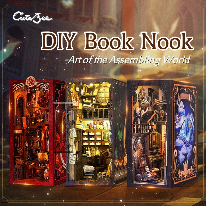 DIY Wooden Book Nook Shelf Insert Kit Miniature Building Kits Bookshelf Magic Series Bookends Adult Birthday Gifts