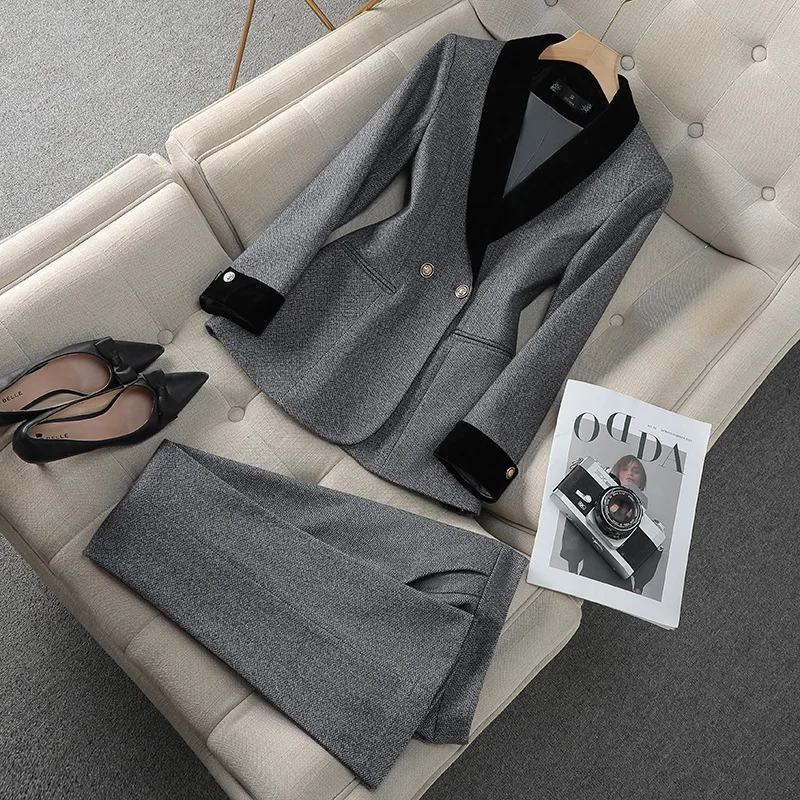 Winter Women Fashion Elegant Woolen Pantsuit Vintage Chic Blazer Jackets and Pants Two Pieces Set Female Clothes Outfits