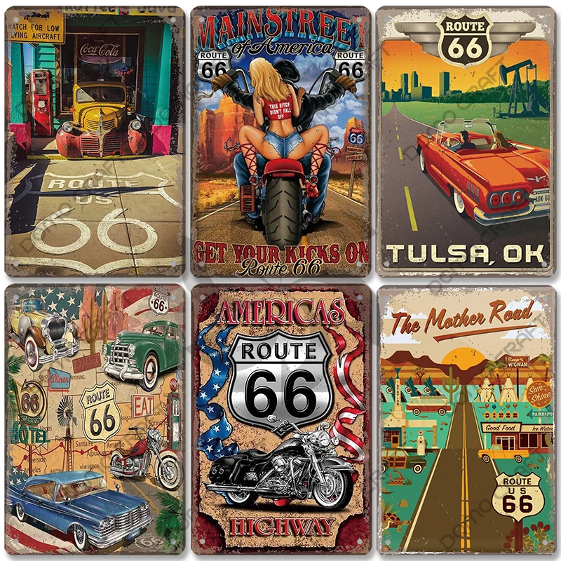 Винтажный постер Route 66, металлическая пластина, ретро дорожный автомобиль, мотоцикл, металлические жестяные знаки, Настенный декор