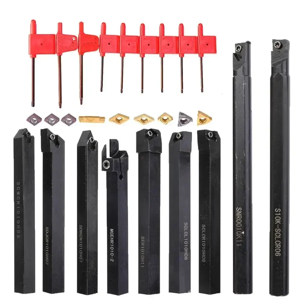 

9pcs/set 10mm Shank 42Cr Lathe Boring Bar Turning Tool Holder Set With Carbide Inserts Lathe Metal Cutter Wood CNC Machine Tools