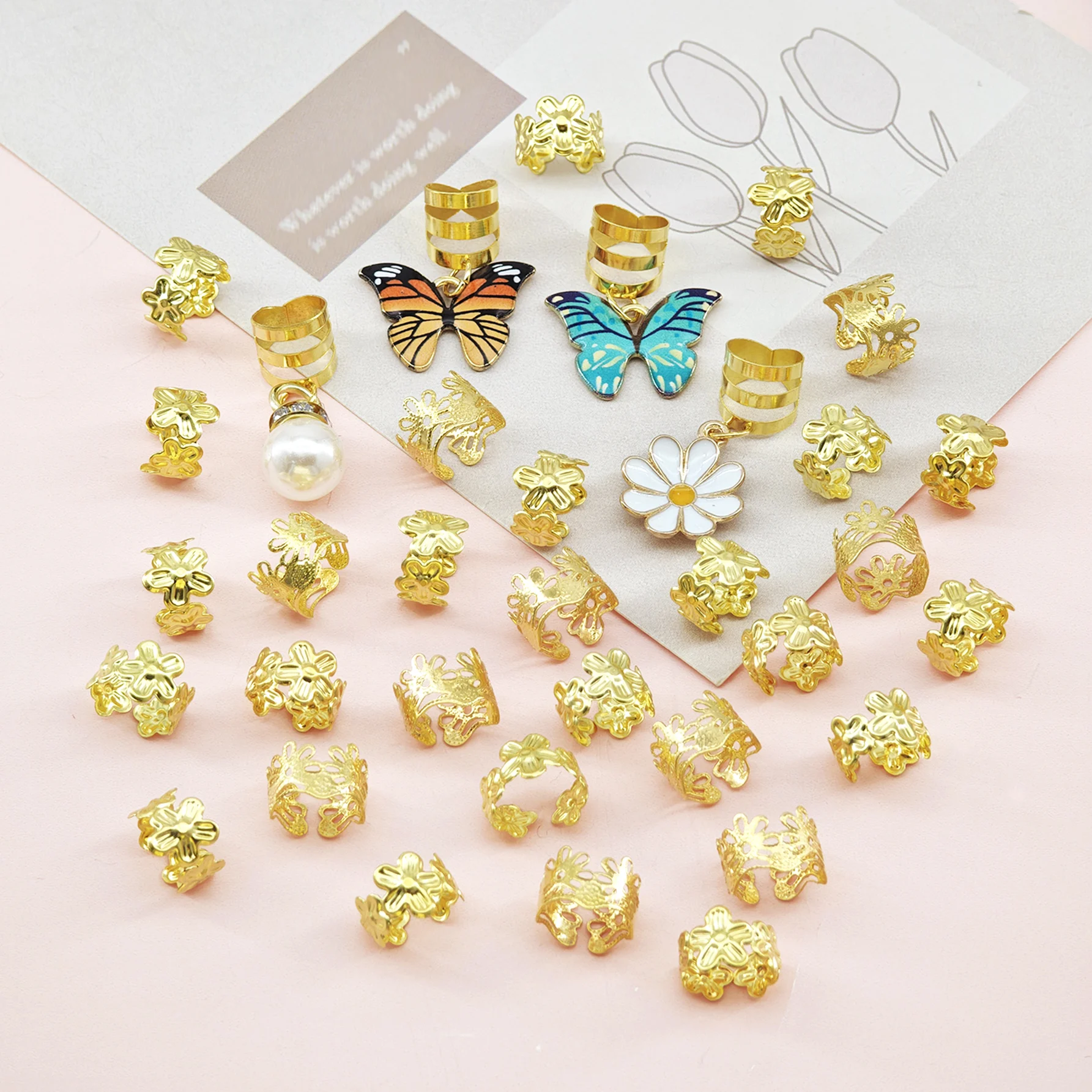 34pcs Spring Garden Hair Rings with Yellow&Green Butterfly, Daisy, Pearls, Plum Blossom & Crown  Jewelry for Women's Dreadlocks