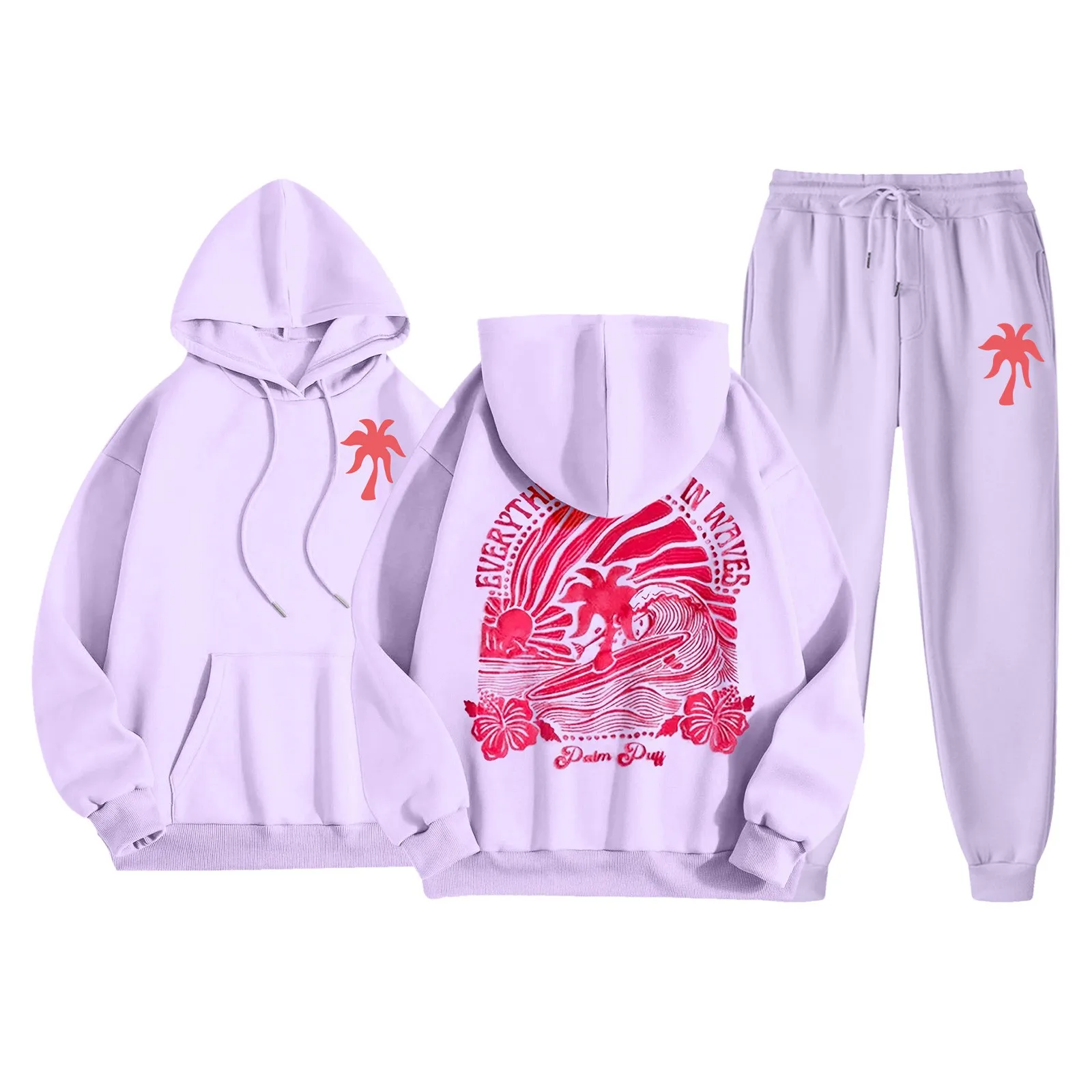 Sudadera con capucha acolchada y pantalones de chándal largos, conjunto de Sudadera con capucha con gráfico de coco de gran tamaño, costa occidental, Y2k, Pinkpalmpuff, Playa