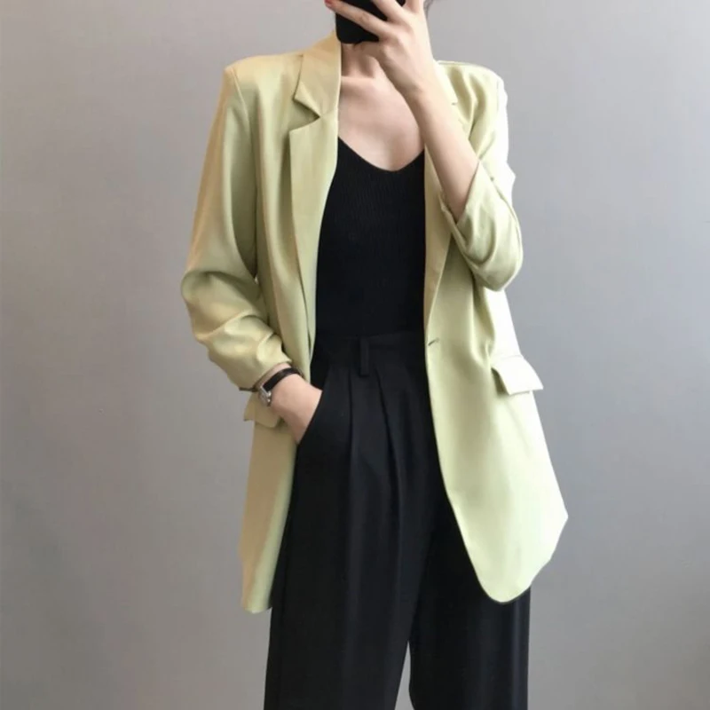 Summer Thin Unlined Three Quarter Sleeve Chiffon Blazer For Women Elegant White Suit Jackets Korean Loose Mid-length Outerwears