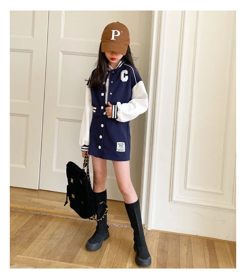 Girls Fashion Clothing Sets Spring Autumn Kids Baseball Sports Suit Children Jacket Pleated Skirt 2Pcs Student Uniform Outfits