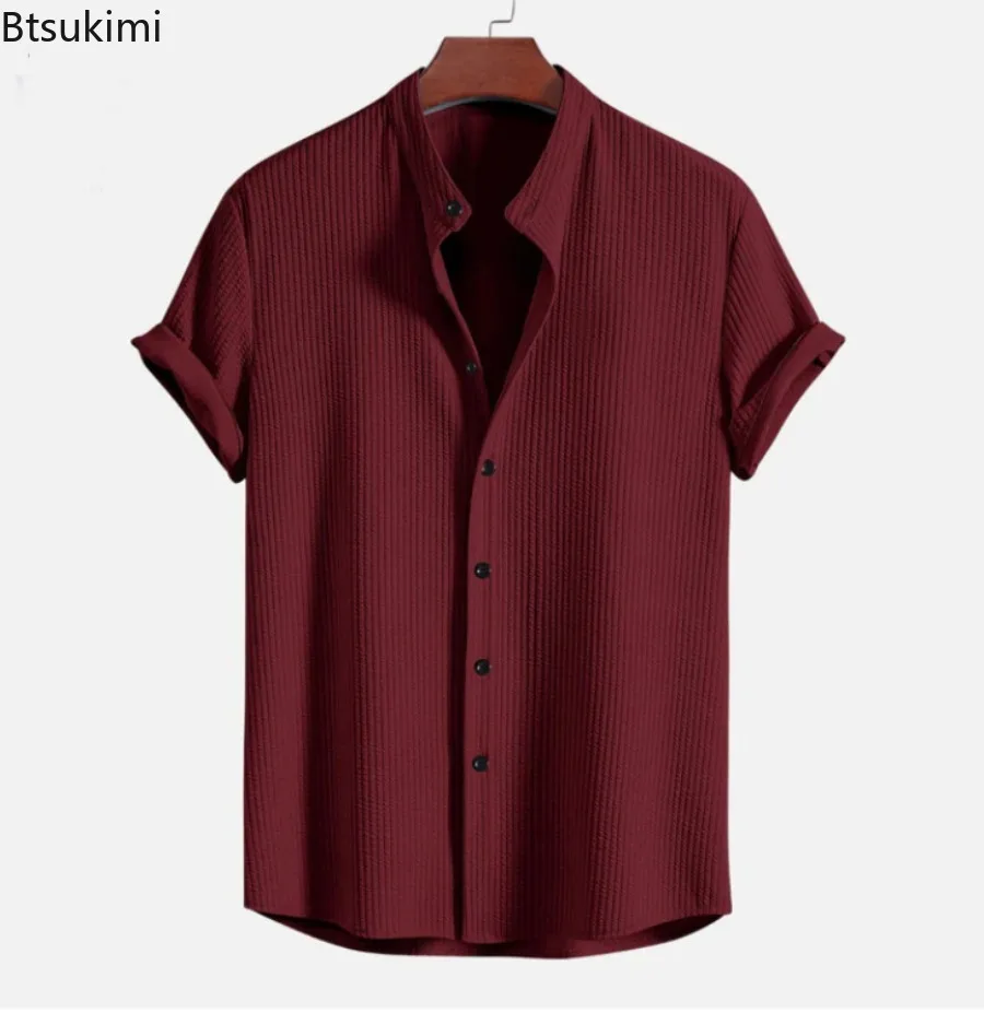 2025 Summer Twill Shirt for Men Fashion Stand Collar Button-up Short Sleeve Casual Shirts Solid Color Loose Men Daily Basic Tops