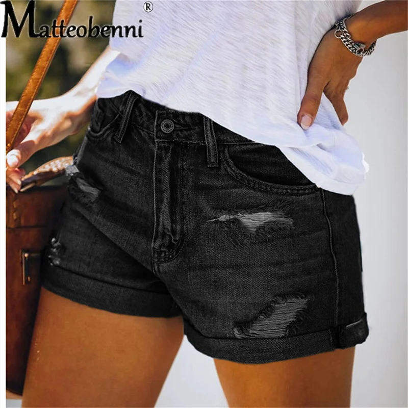 Shorts jeans de cintura alta rasgado feminino, calças femininas, jeans curto de bolso casual, buraco vintage, moda, verão, 2022