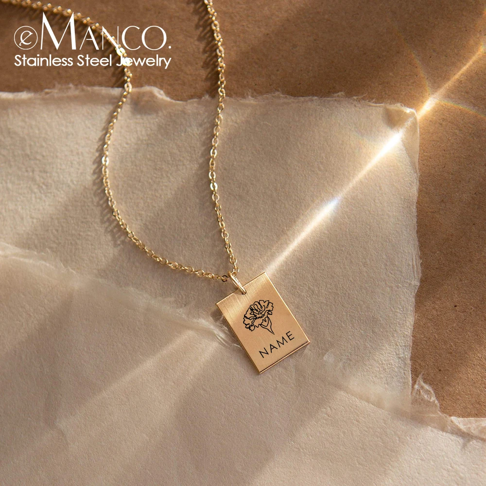 eManco Elegant Butterfly Stainless Steel  Necklace Engrave Charm Necklace Gold Color Square Pendant Minimalist Women Jewelry