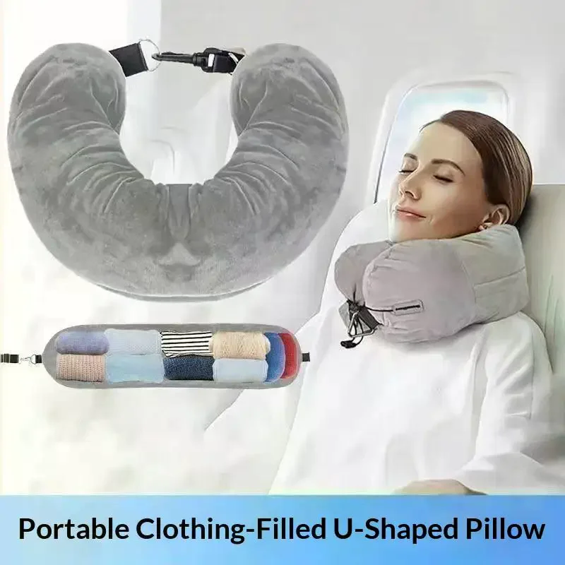 Travel Neck Pillow With Fillable Clothing Storage Bag U-Shaped Pillowcase Crystal Fleece Neck Pillow Cover For Airplane Travel