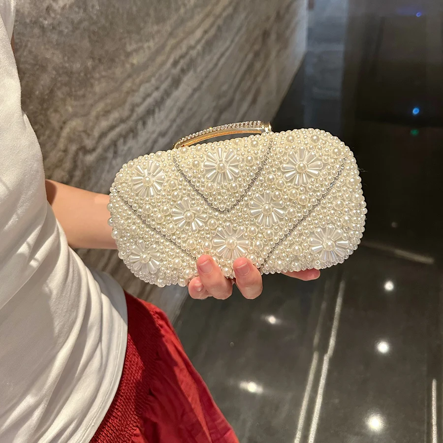 

Luxury handmade wedding evening bag chain shoulder bag Full Beaded clutch bag Ladies Artificial Pearls Handbag for Wedding Party