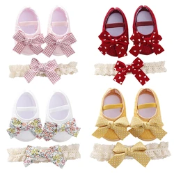 Baby Shoes and Headban Set Buckle Design 0-12M Fashion Printing One Foot Pedal Fashion Bow Lovely Princess Shoes