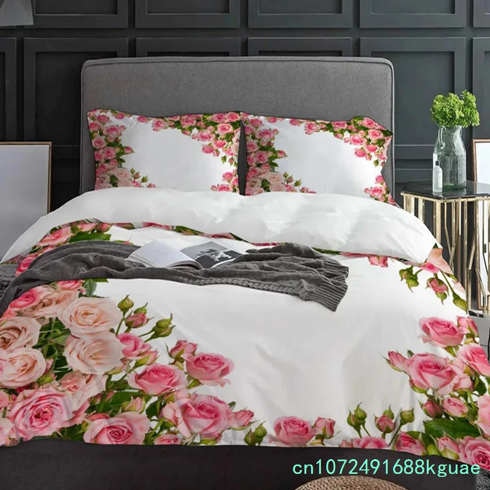 Pink Rose Flower Bouquet White Bedding Set 3pcs Duvet Cover Pillowcase Kids Adult Quilt Cover Double Bed Set Home Textile