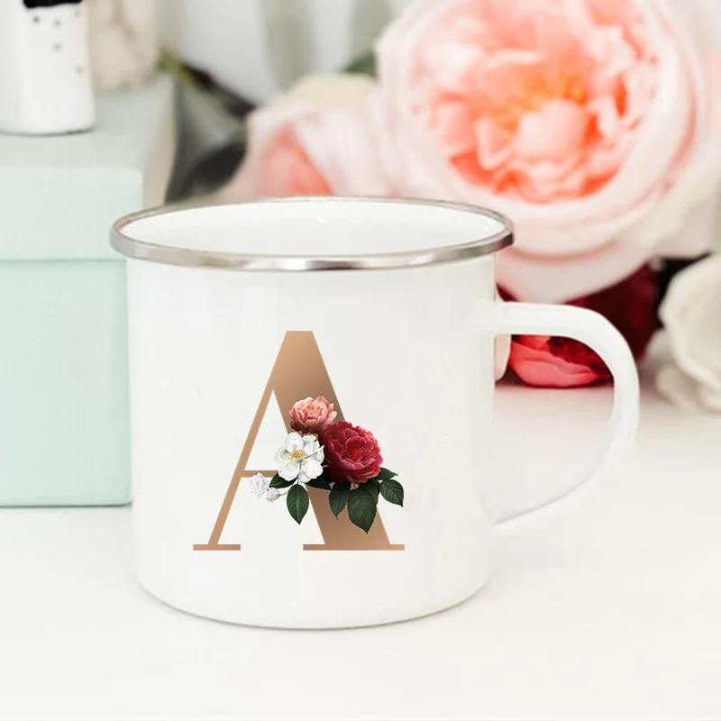 Letter Floral Print Creative Enamel Coffee Juice Cups Drinks Milk Cup Vintage Mugs Handle Mug Drinkware Wedding Bridesmaid Gifts