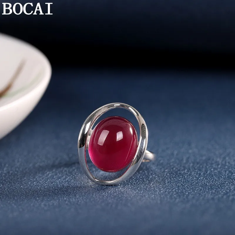 BOCAI New S925 Sterling Silver Jewelry Vintage Fashion Set With Red Corundum Ring Women's Selected Gift