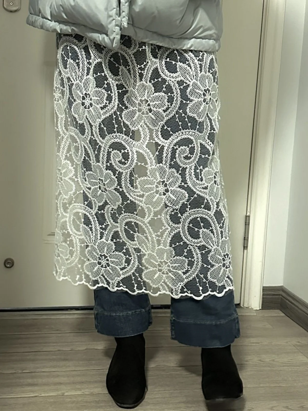 Autumn Winter Long Lace Half-length Skirt Sexy See-through Butt Covering Curtain Heavy-work Lace Long Skirt Women's Style