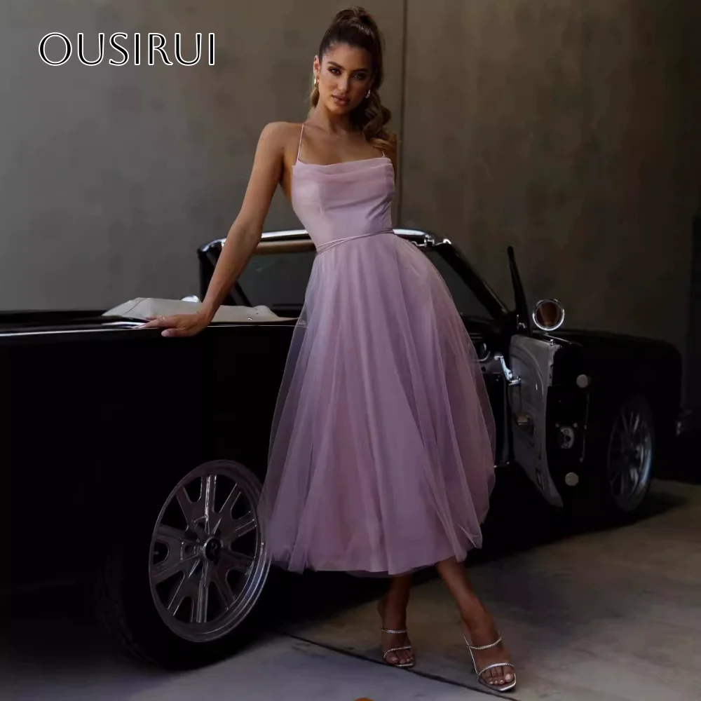 

Spaghetti Straps A-line Sleeveless Tulle Homecoming Gown Tea Length Split Backless Party Wear Customized vestidos de fiesta