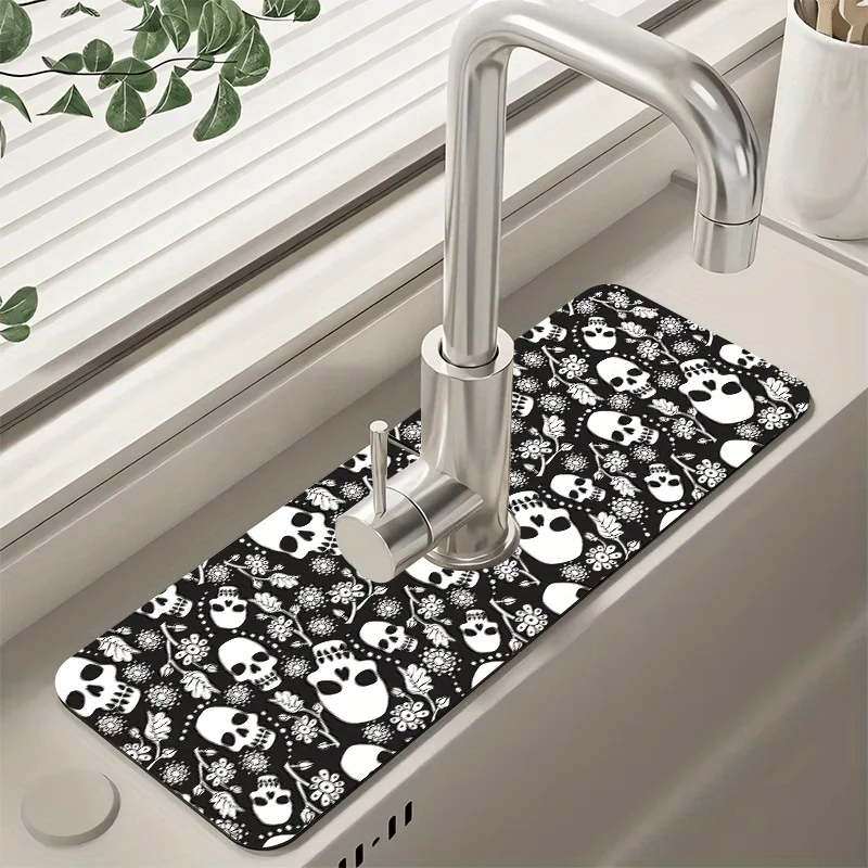 VIKAMA Sugar Skull Floral Faucet Mat Diatomite Super Absorbent Non Slip Kitchen Sink Tap Splash Water Draining Pad
