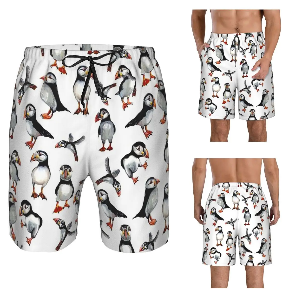 Puffins Pattern Trunks Beach Board Shorts Casual Quick Dry Swim Summer Men Pants