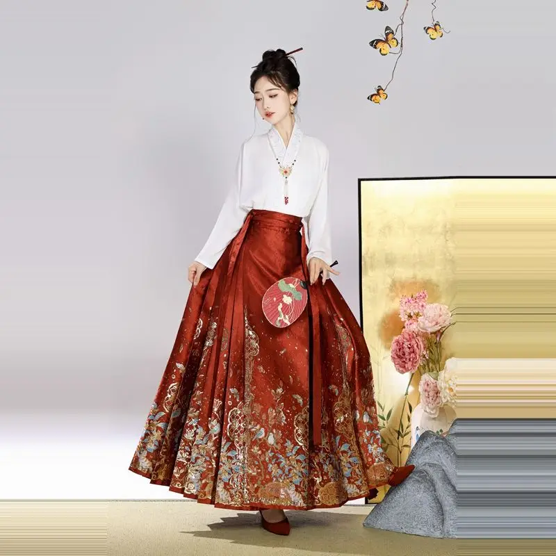 Traje tradicional chinesa feminina, saia hanfu, cara de cavalo dourado tecelagem, vestido diário, roupa de festa de dança rosa, dinastia Ming