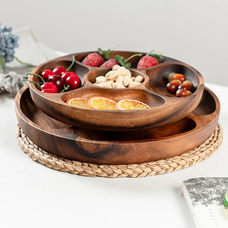 Creative Home Living Room Fruit Tray Solid Nature Wood Partition Plate Hotel Snack Five Plaid Storage Tray Round Dry Fruit Snack