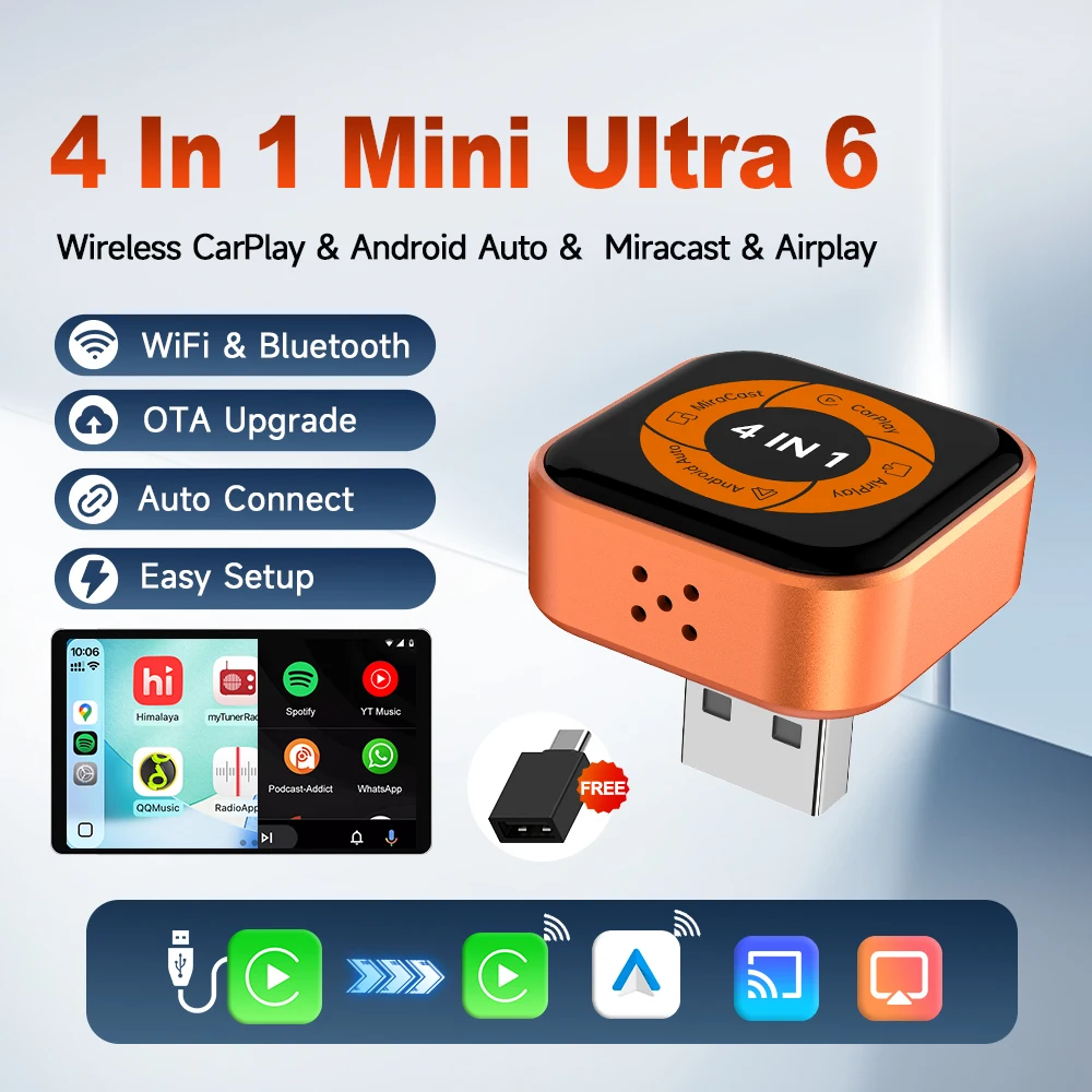 Image of CarlinKit Mini Ultra 6 4-in-1 Kabelloser Bildschirmspiegel Kabelloser CarPlay Android Auto Adapter Auto-Connect Spiegelung Telefon-Video-Wiedergabe